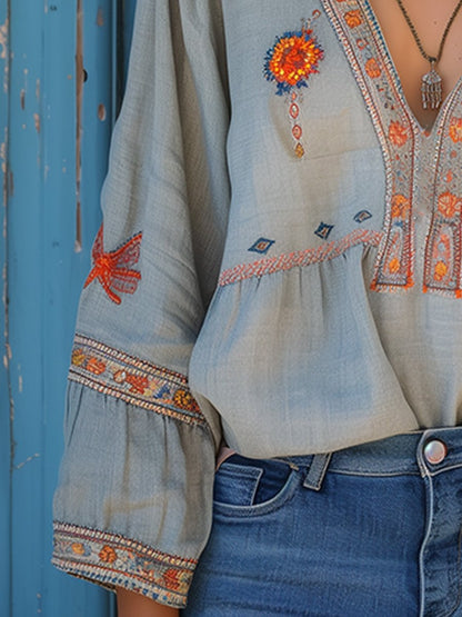 Damen Sommerbluse Bohemian Bestickt