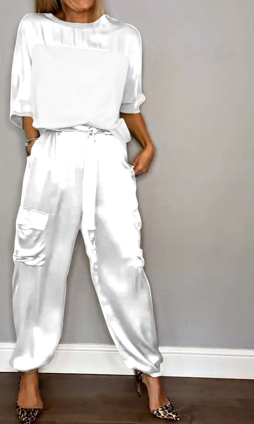 Herren Zweiteiler Anzug Satin Halbarm Hose