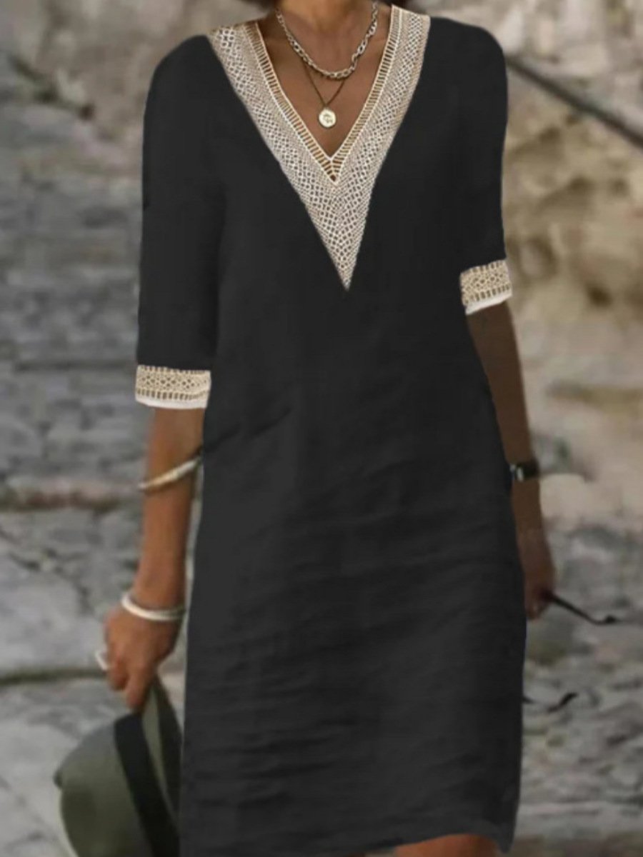Damen V-Ausschnitt Kleid mit Spitzendetails