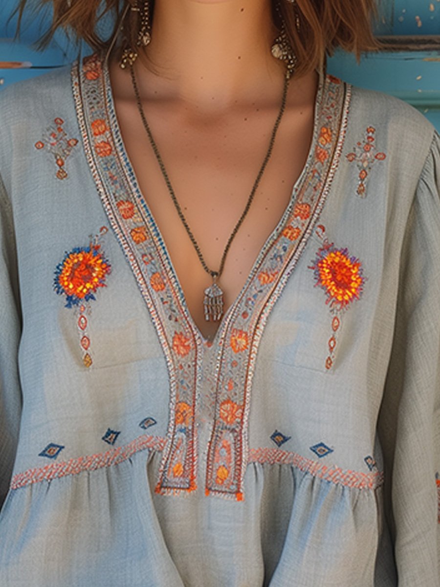 Damen Sommerbluse Bohemian Bestickt