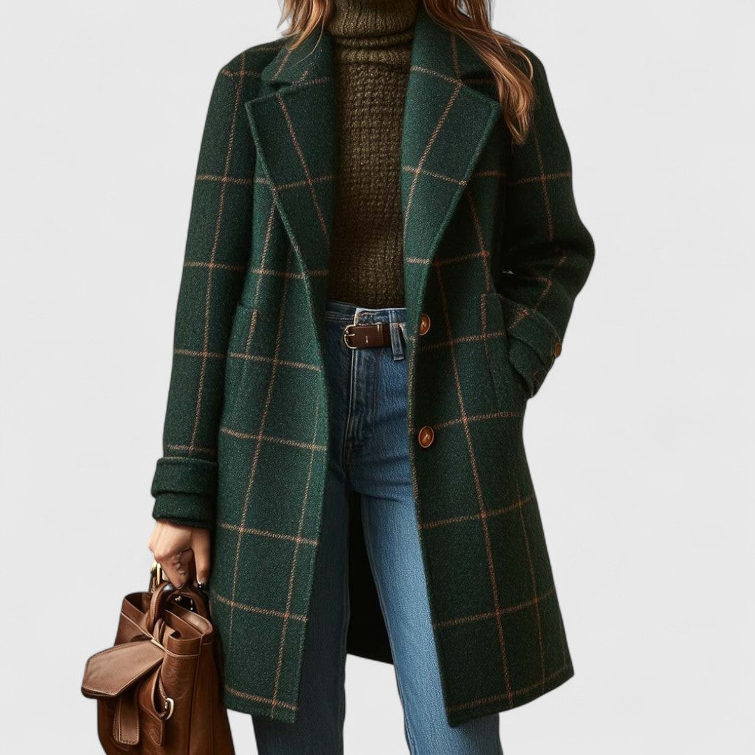 Damen Klassischer Mantel Kariert Knöpfe - Norvielle