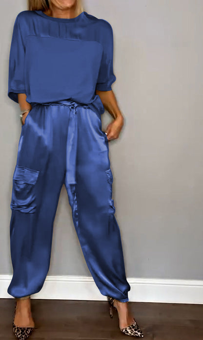 Herren Zweiteiler Anzug Satin Halbarm Hose