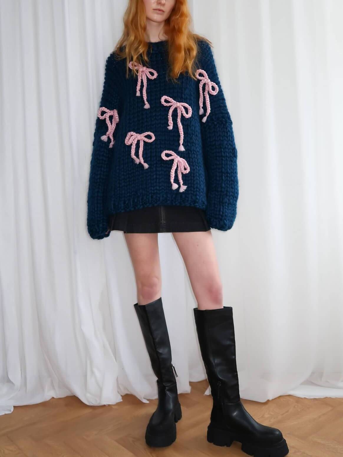 Exquisiter Bow-Pullover Damen Crew-Neck Lockere Passform