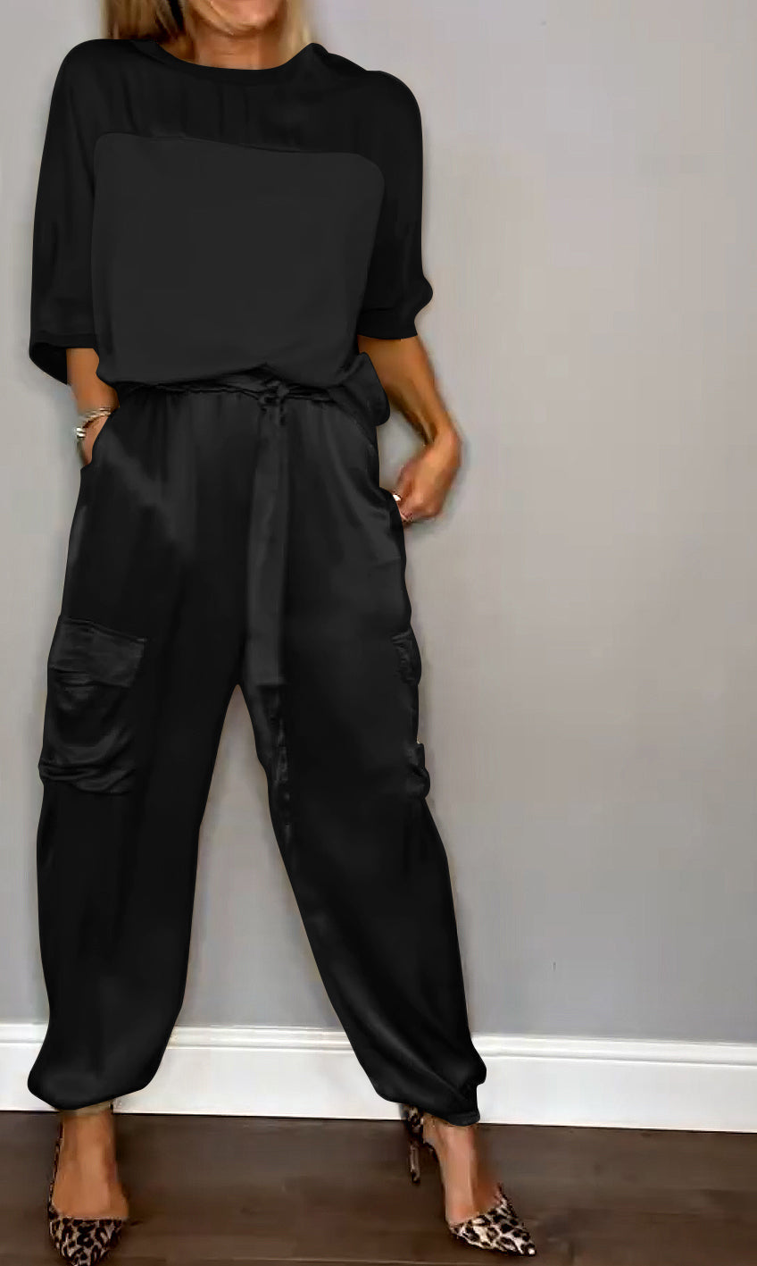 Herren Zweiteiler Anzug Satin Halbarm Hose