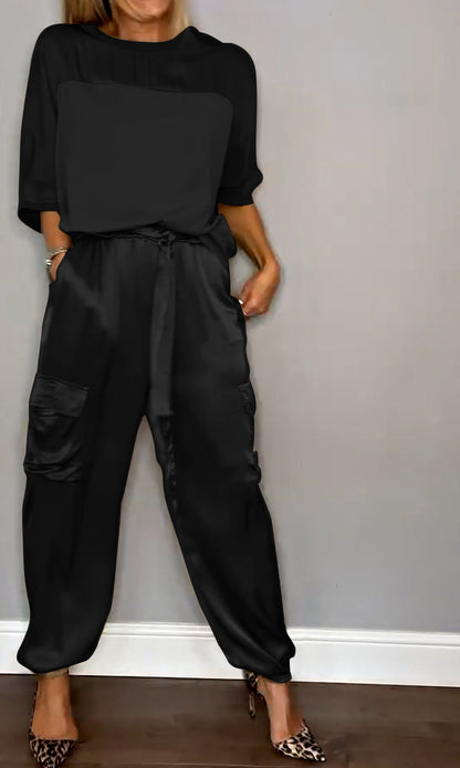 Herren Zweiteiler Anzug Satin Halbarm Hose