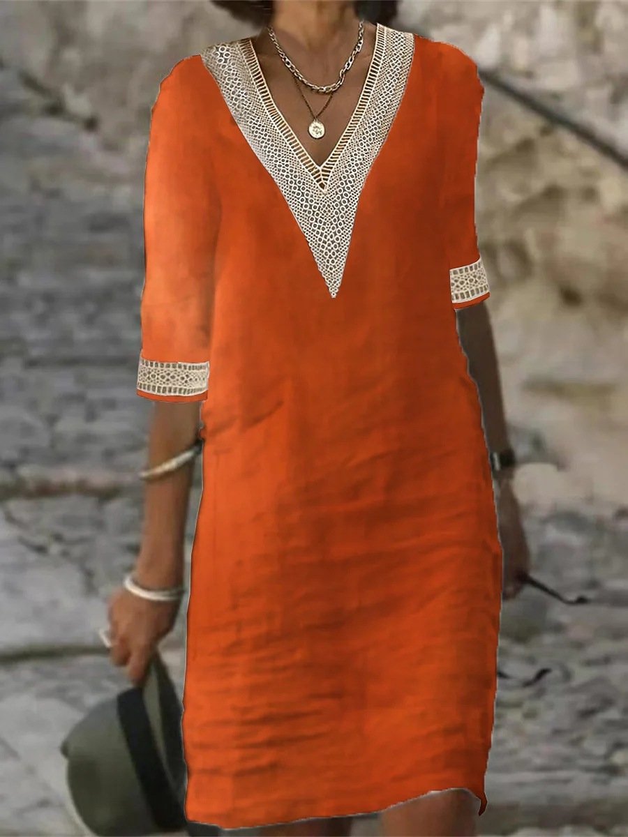 Damen V-Ausschnitt Kleid mit Spitzendetails - Norvielle
