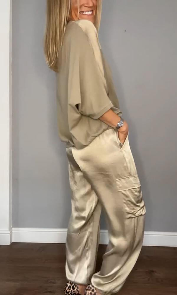 Herren Zweiteiler Anzug Satin Halbarm Hose