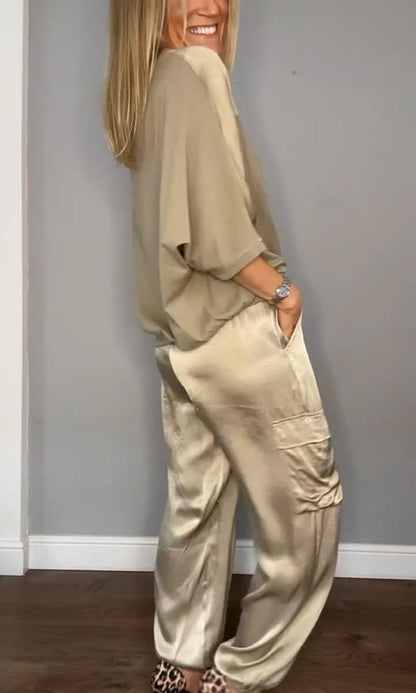 Herren Zweiteiler Anzug Satin Halbarm Hose