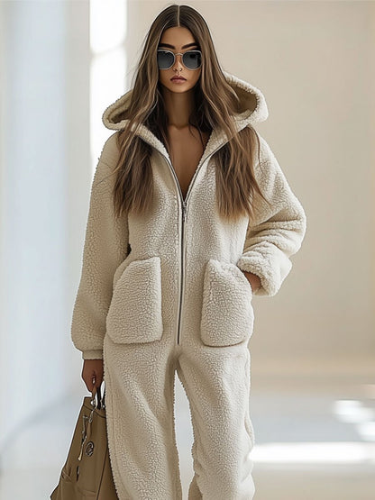 Damen Teddyfleece Jumpsuit mit Kapuze Wärmer Overall