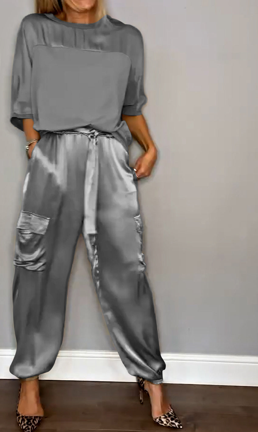 Herren Zweiteiler Anzug Satin Halbarm Hose