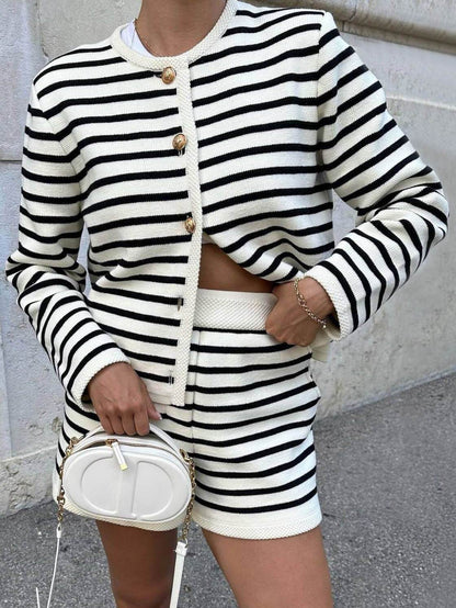 Damen Strickcardigan Rundhals Gestreift Beige