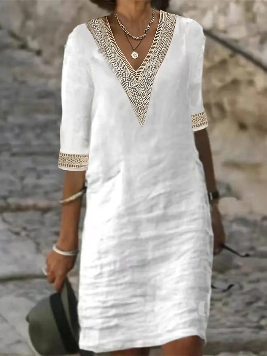 Damen V-Ausschnitt Kleid mit Spitzendetails