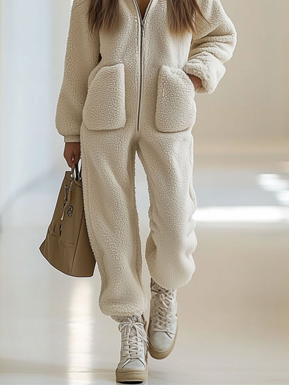Damen Teddyfleece Jumpsuit mit Kapuze Wärmer Overall
