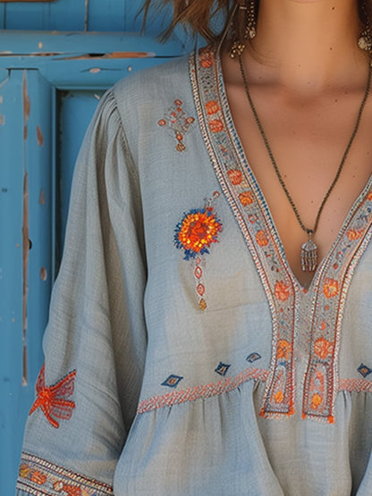 Damen Sommerbluse Bohemian Bestickt