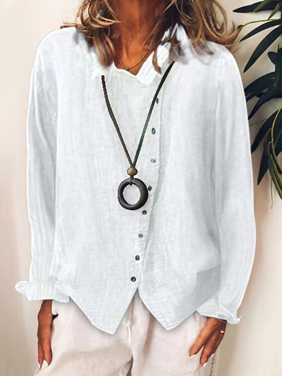Damen Longbluse Baumwoll Leinen Luftig Weiß - Norvielle