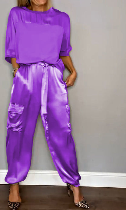 Herren Zweiteiler Anzug Satin Halbarm Hose