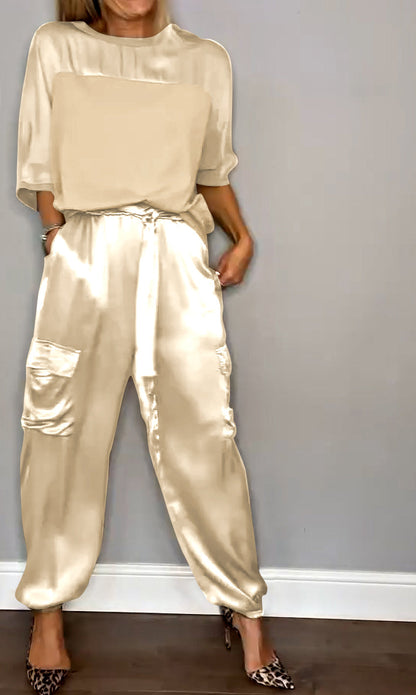 Herren Zweiteiler Anzug Satin Halbarm Hose