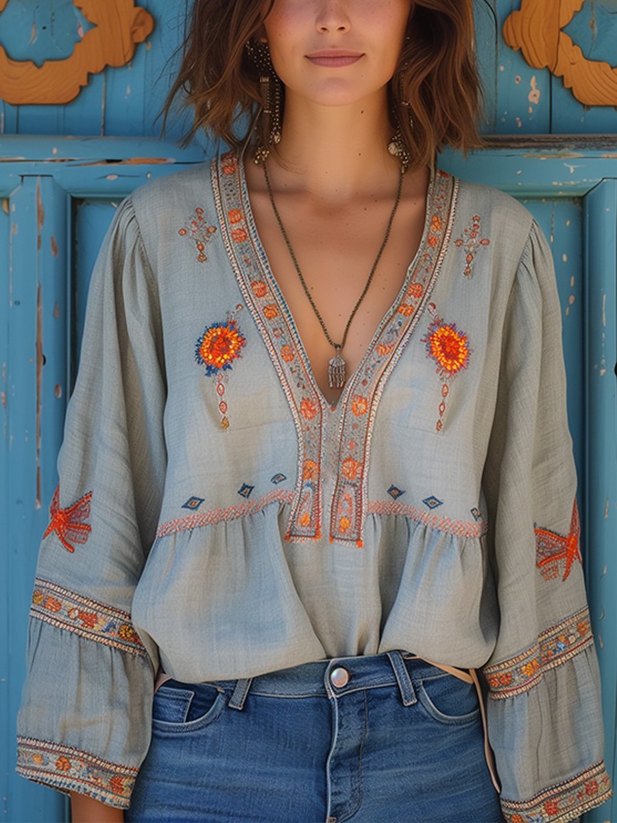 Damen Boho Bluse mit Stickerei und V-Ausschnitt - Norvielle