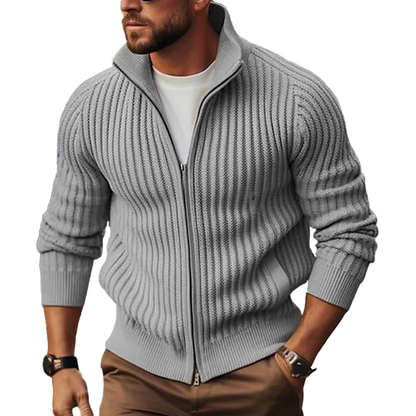 Herren Strickjacke Reißverschluss Stehkragen Ripp-Design