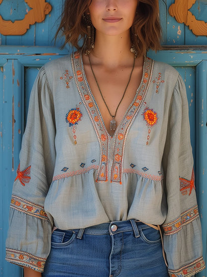 Damen Sommerbluse Bohemian Bestickt - Norvielle