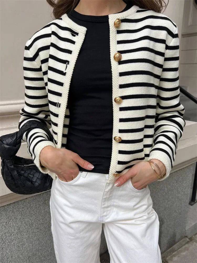 Damen Strickcardigan Gestreift Rundhals Baumwolle -Weiß