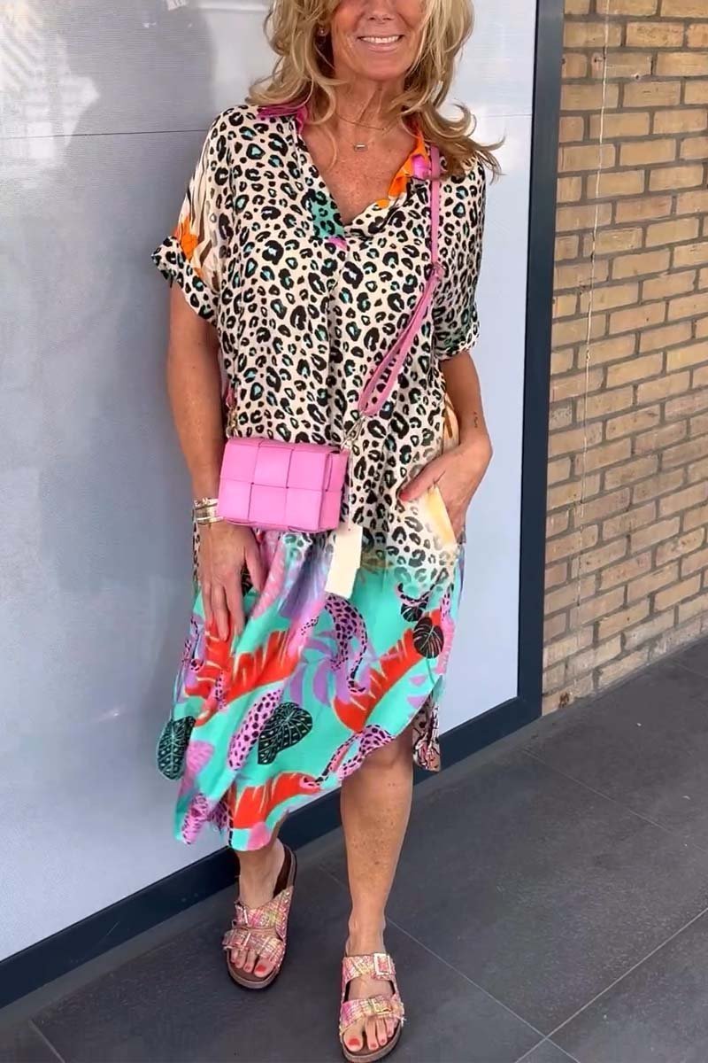 Lässiges Damenkleid Leopardenprint Kurzärmelig - Norvielle
