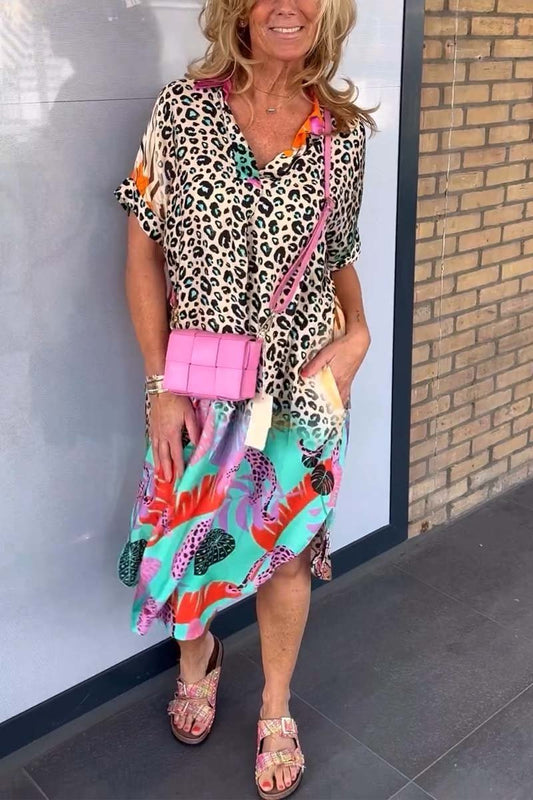 Lässiges Damenkleid Leopardenprint Kurzärmelig - Norvielle