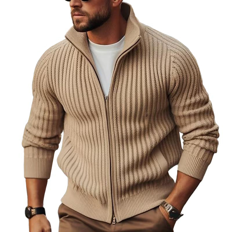 Herren Strickjacke Reißverschluss Stehkragen Ripp-Design