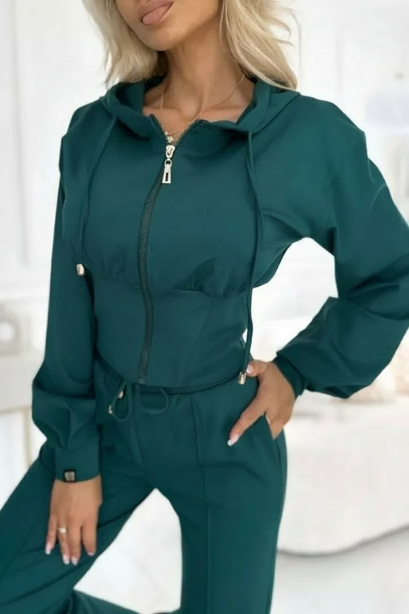 Damen 2-Teiliger Jogginganzug Weite Bein Hose Kurzer Kapuzenpullover