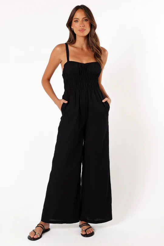 Damen Ärmelloser Jumpsuit Weite Beine Eleganz Schwarz - Norvielle
