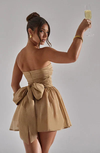 Schulterfreies Minikleid Damen Glitzerdetails Ausgestellter Rock