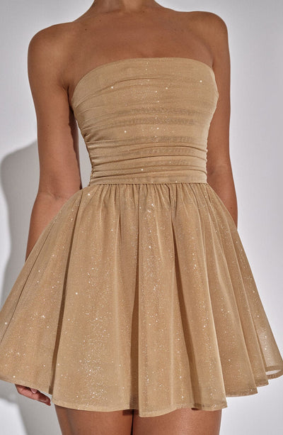 Schulterfreies Minikleid Damen Glitzerdetails Ausgestellter Rock