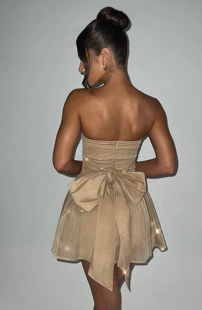 Schulterfreies Minikleid Damen Glitzerdetails Ausgestellter Rock