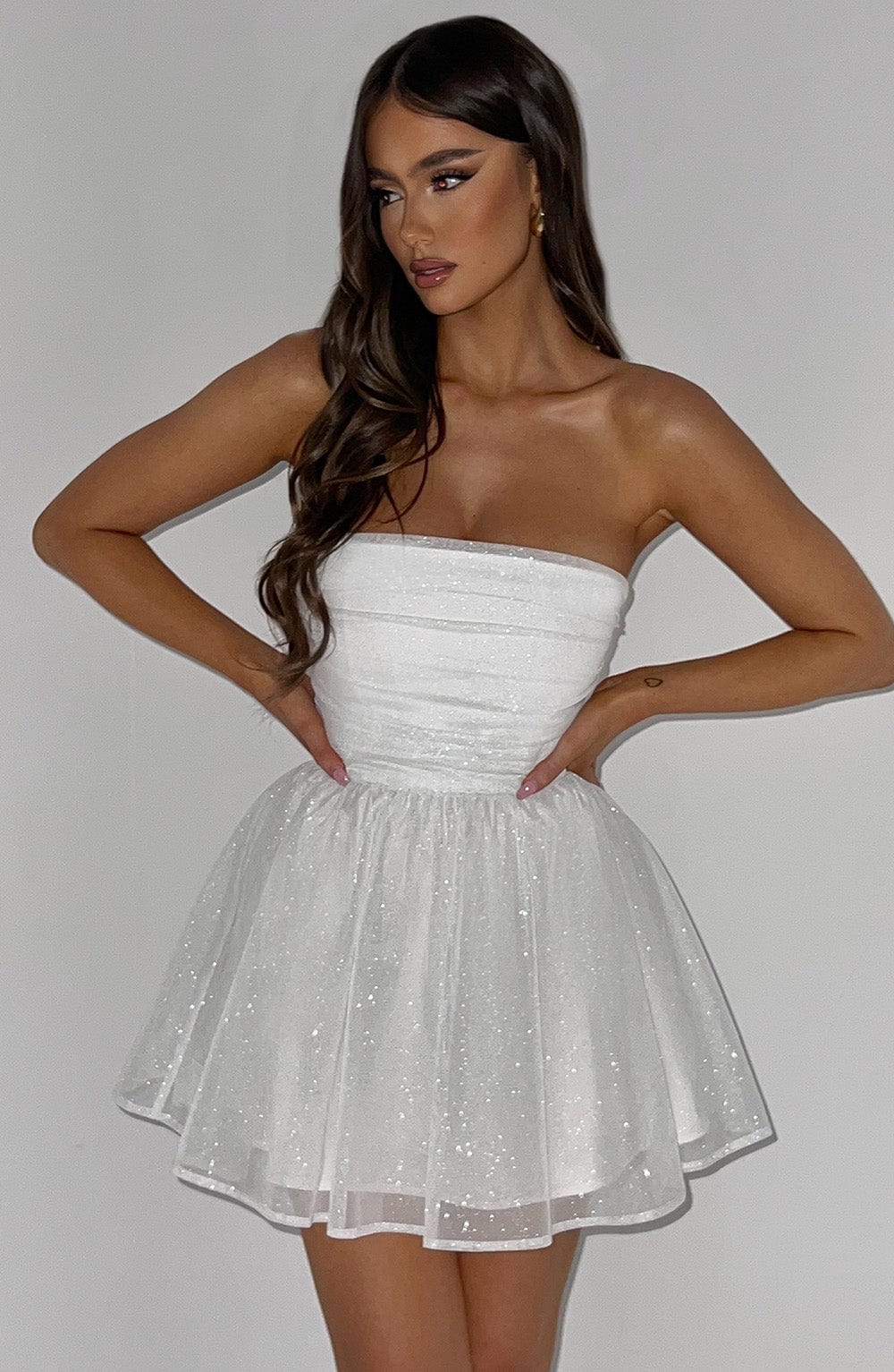 Damen Mini Kleid Weiß Glitter