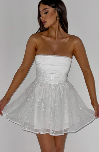 Damen Mini Kleid Weiß Glitter