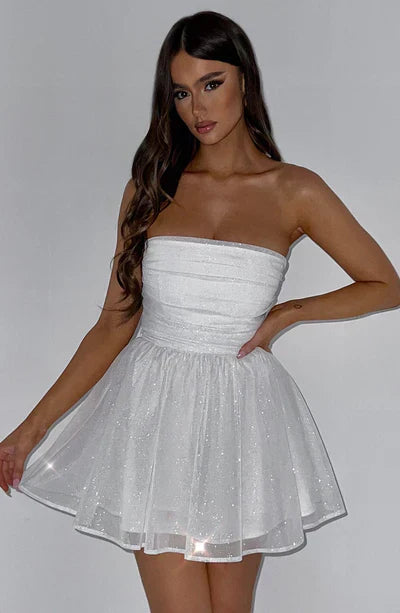Schulterfreies Minikleid Damen Glitzerdetails Ausgestellter Rock