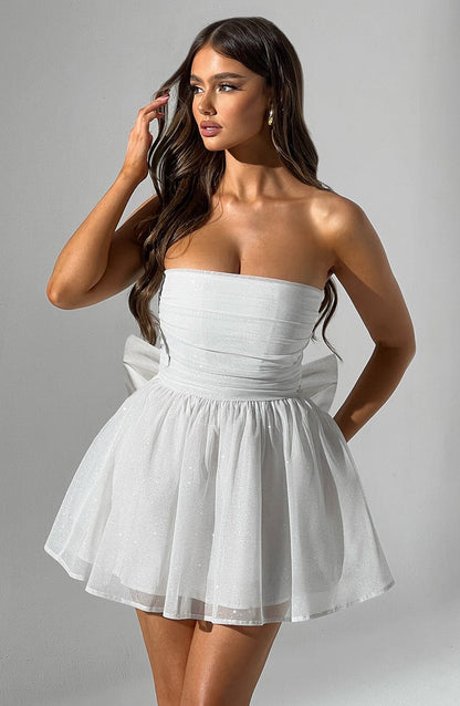 Damen Mini Kleid Weiß Glitter
