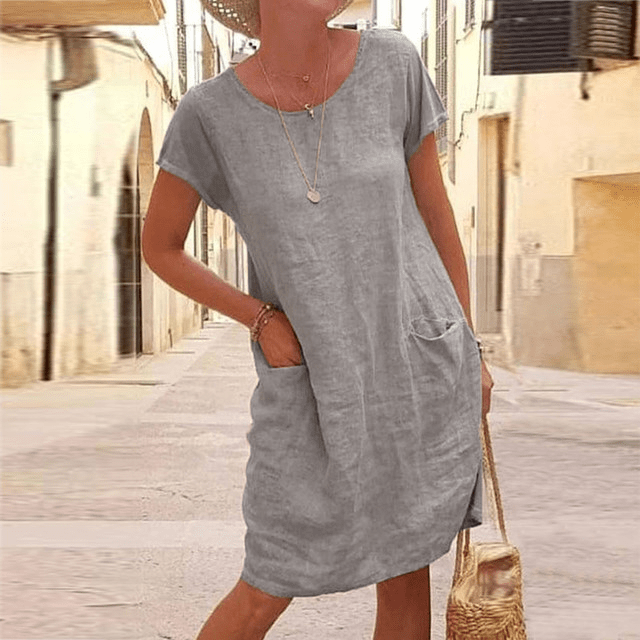 Damen Sommerkleid Rundhalsausschnitt Taschen Leicht Beige