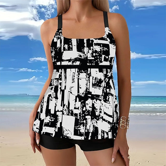 Damen Tankini Set Quadratausschnitt Shorts Bequem Schwarz - Norvielle