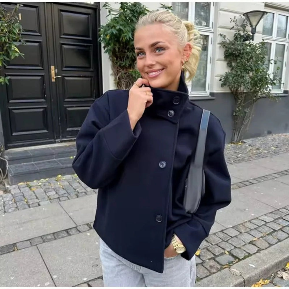 Damen Kurzjacke Hochkragen Baumwolle Alltag Beige