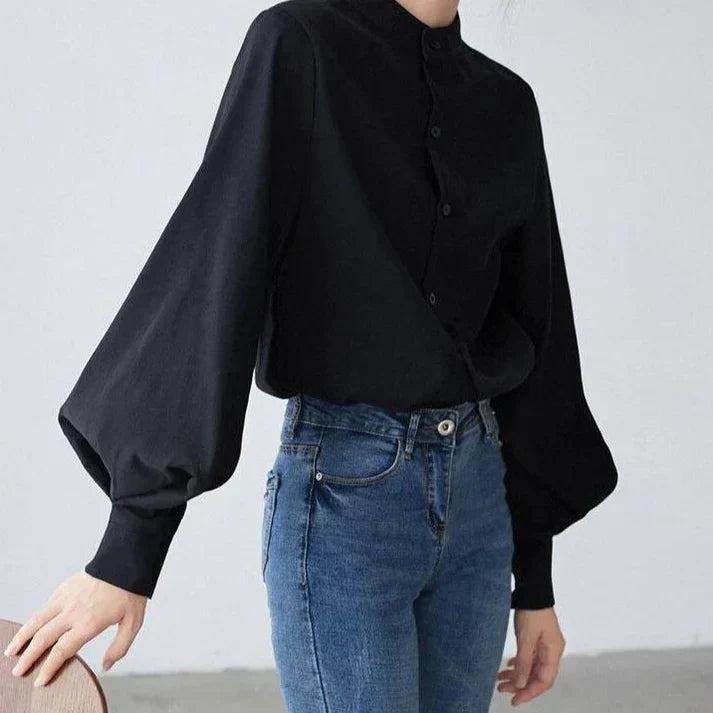 Norvielle Damen Rollkragenbluse Ballonärmel