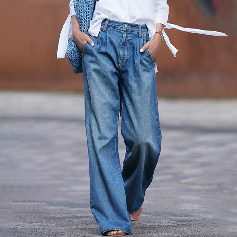 Damen Baggy Jeans Weite Beine Lässig Blau - Norvielle