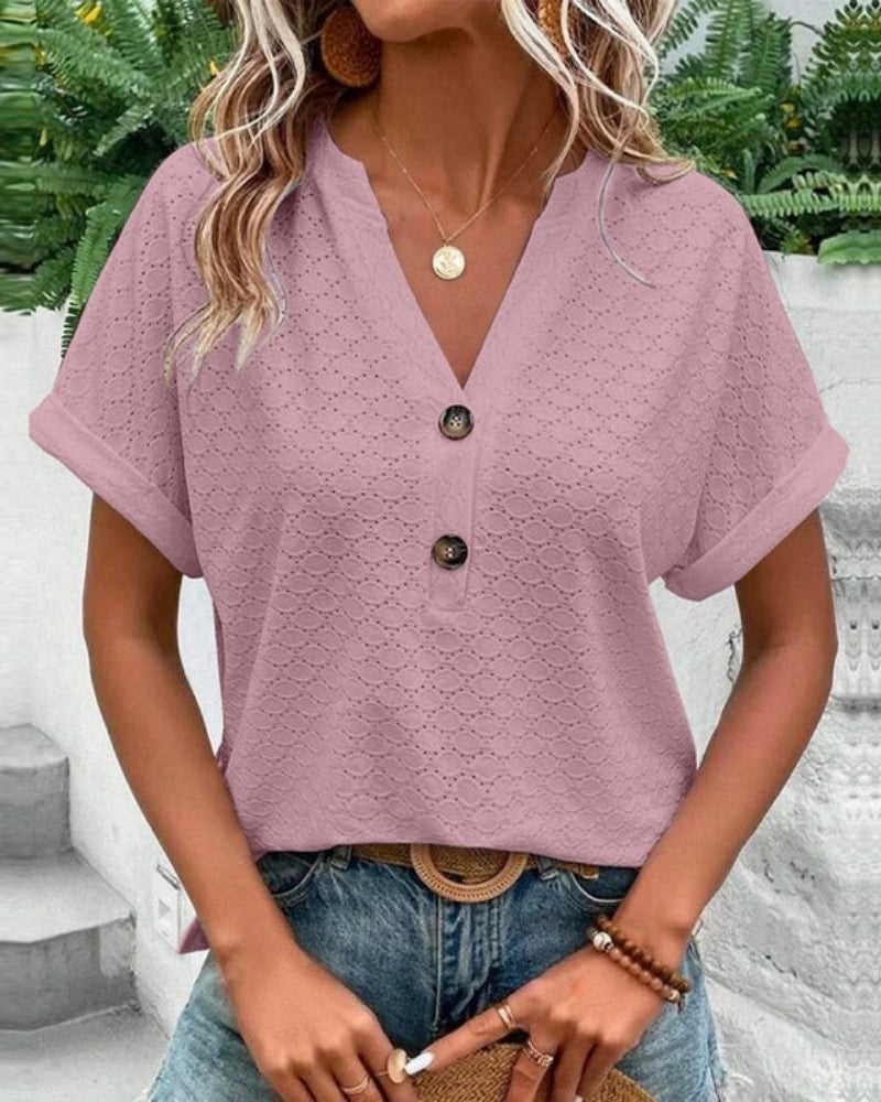 Damen Sommer- Leichtes V-Ausschnitt Kurzarm Oberteil Weiße Farbe
