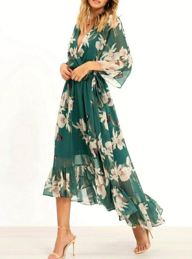 Norvielle Damen Maxikleid Fließend V-Ausschnitt