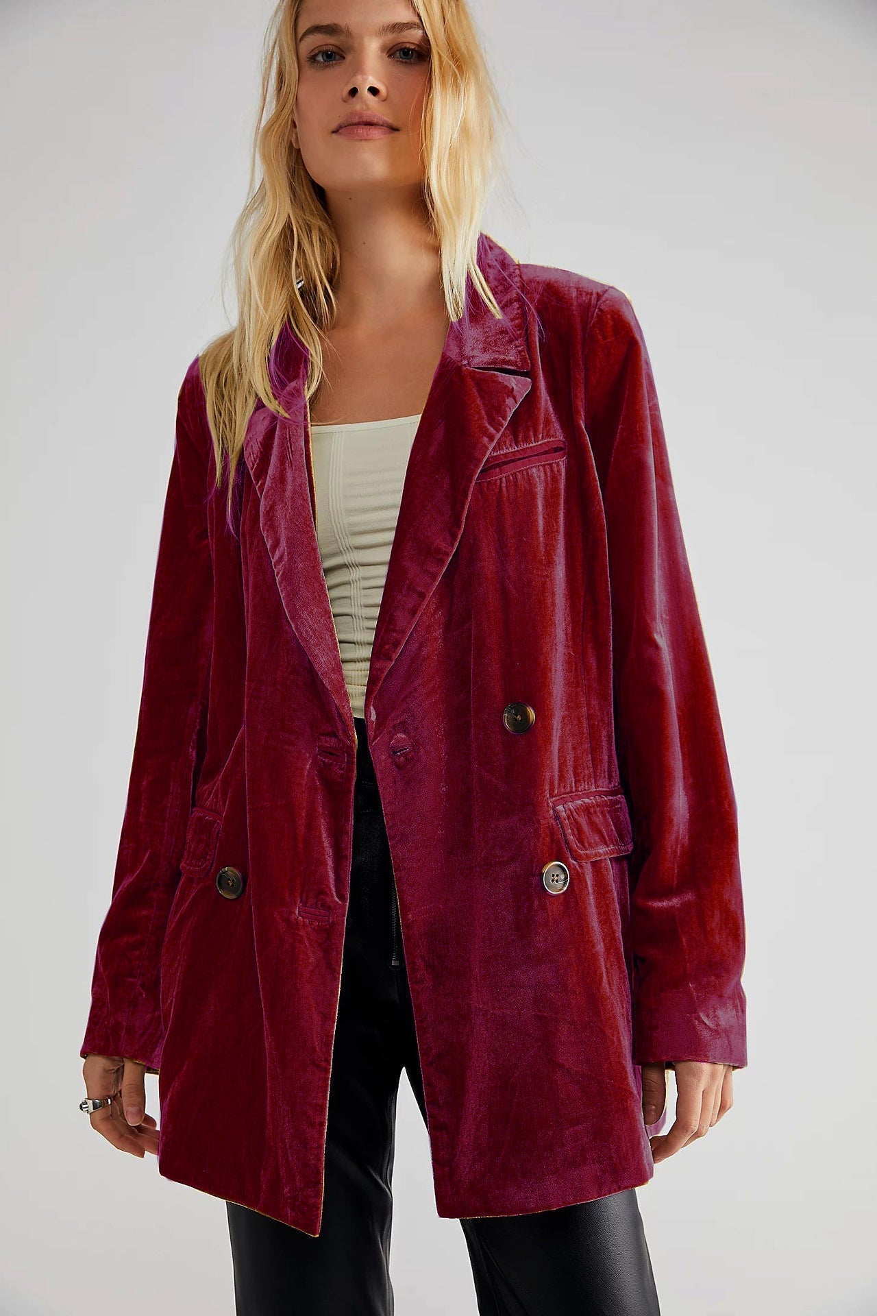 Damen Samt Blazer Klassisch Doppelreihig Schwarz - Norvielle
