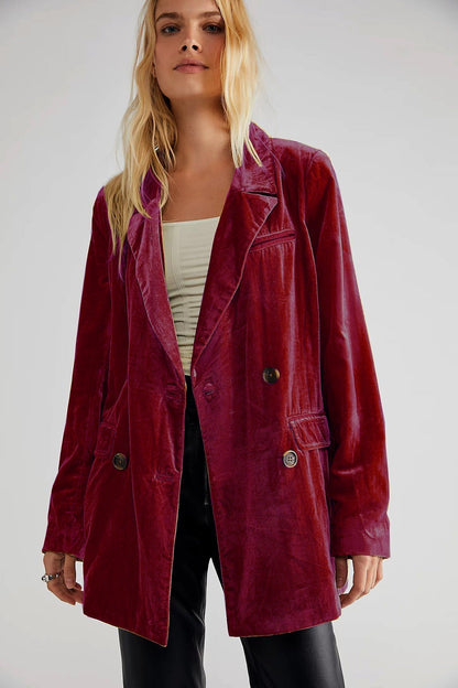 Damen Samt Blazer Klassisch Doppelreihig Schwarz - Norvielle