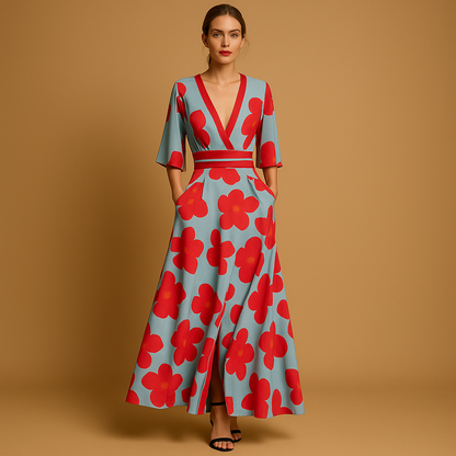 Damen Sommerkleid Blumenmuster V-Ausschnitt mit Taschen Elegantes - Norvielle