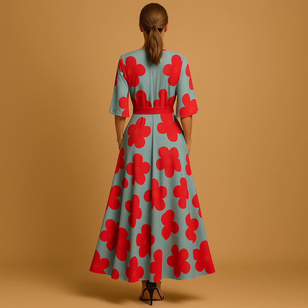Damen Sommerkleid Blumenmuster V-Ausschnitt mit Taschen Elegantes
