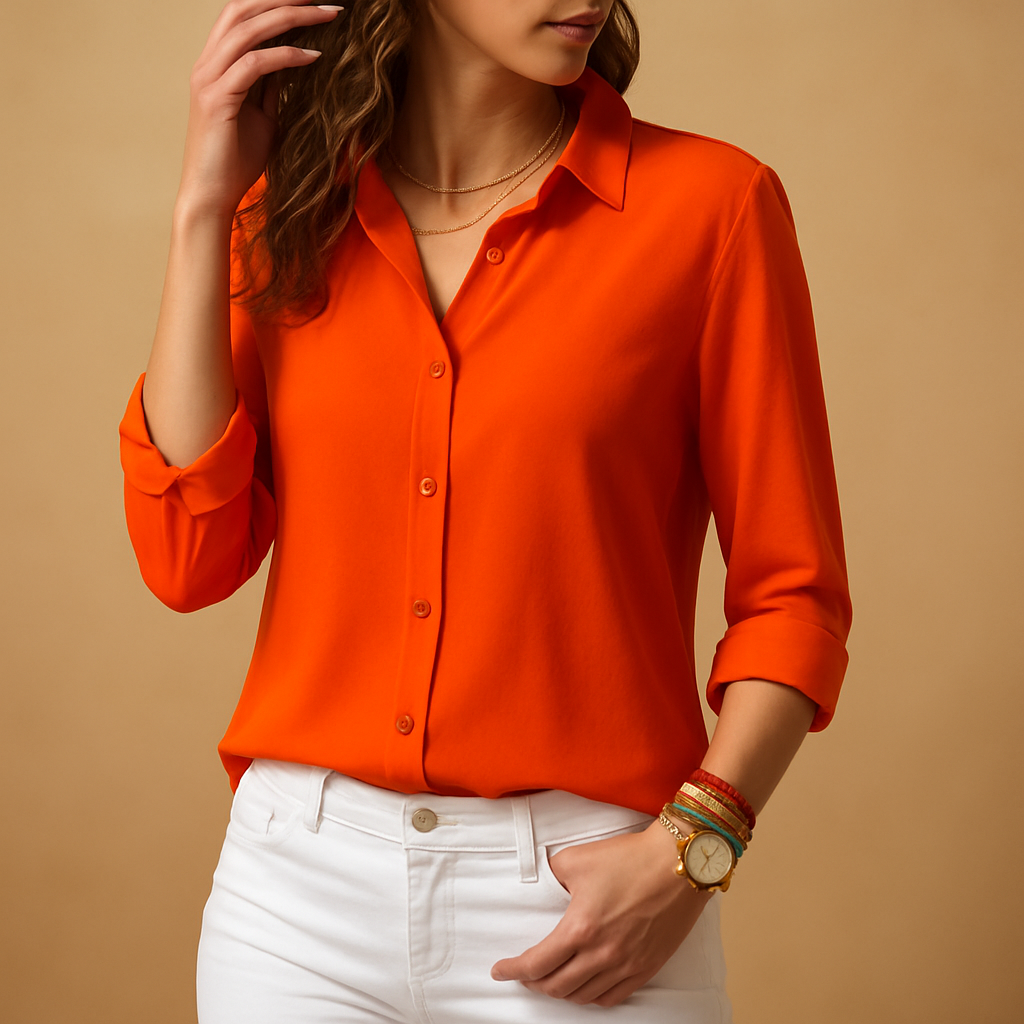 Damen Bluse Kniöpfe V-Ausschnitt Elegantes Design