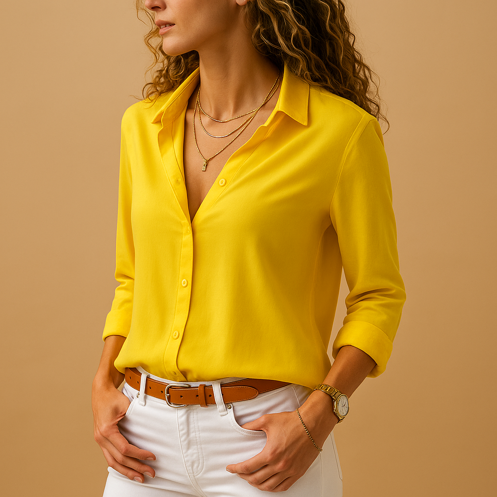 Damen Bluse Kniöpfe V-Ausschnitt Elegantes Design